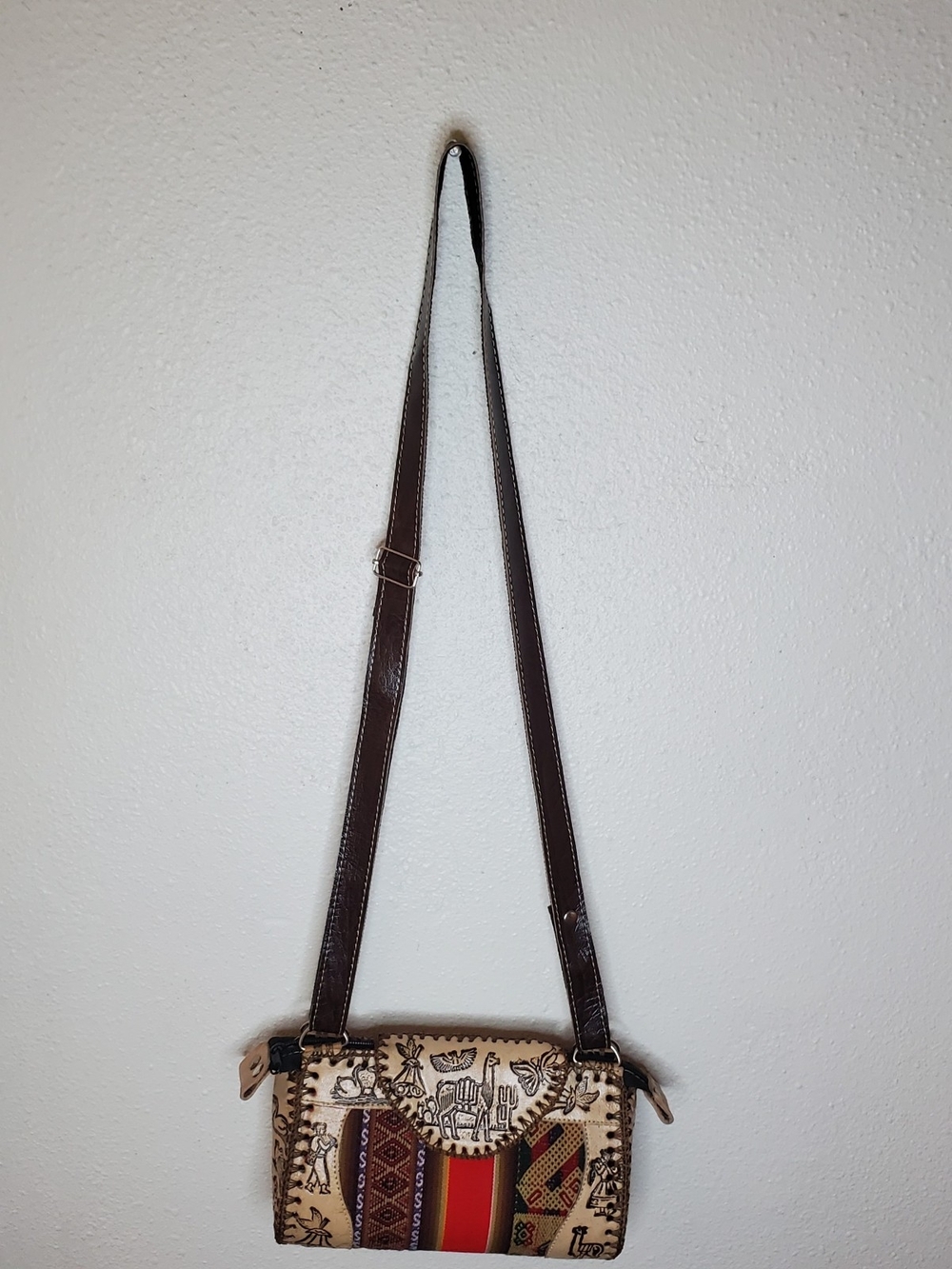 Peruvian Handmade Tooled Leather Serape Crossbody 8" Cream Brown Andean Textile - Picture 5 of 11